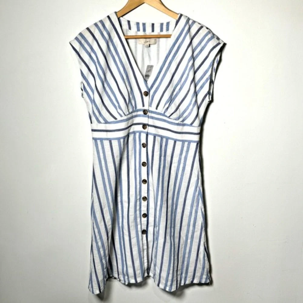 LOFT Blue and White Striped Button-Front Dress - Picture 1 of 6